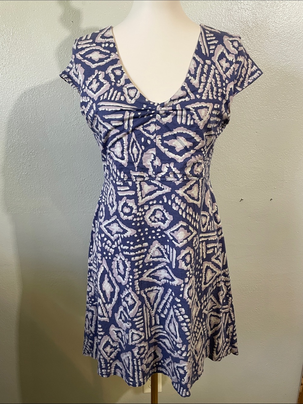 Toad&Co Ruched Dress Indigo Ivory Geometric Print Cap Sleeve Medium Stretch Boho